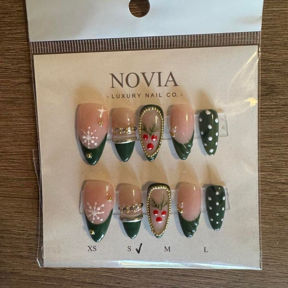 Christmas Press On Nails | Green French Tip Holiday Nails | Size Small